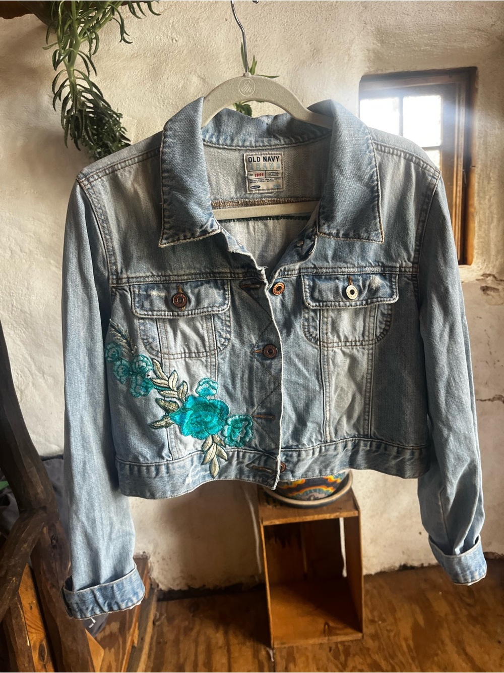 Old Navy Light Blue Denim Jacket with Teal Floral Embroidery Sequin Back